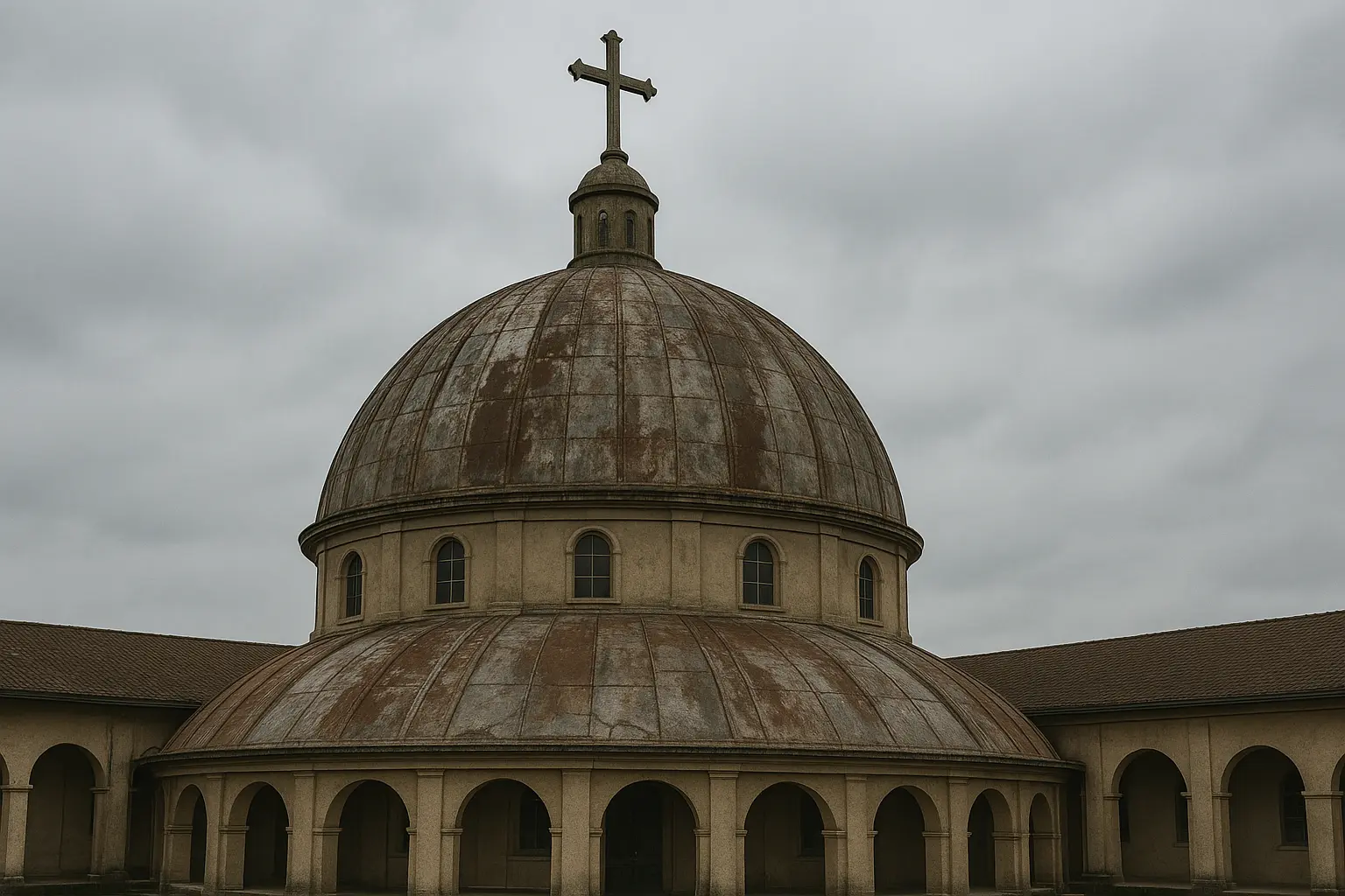 Before: church dome showing panel layout and structural preparation before aluminum installation